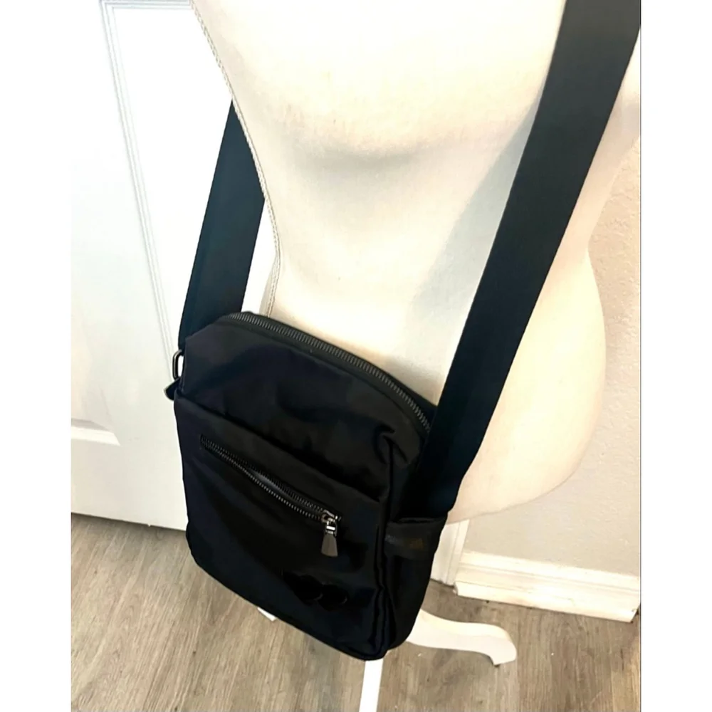 ZZINNA black nylon crossbody bag with two heart appliqués for men and women